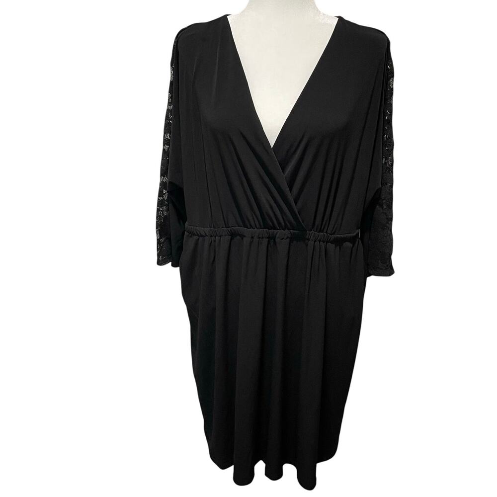 Torrid Black Lace Back Dress Sz 3X Pockets Surplice V-Neck 3/4 Sleeves Feminine